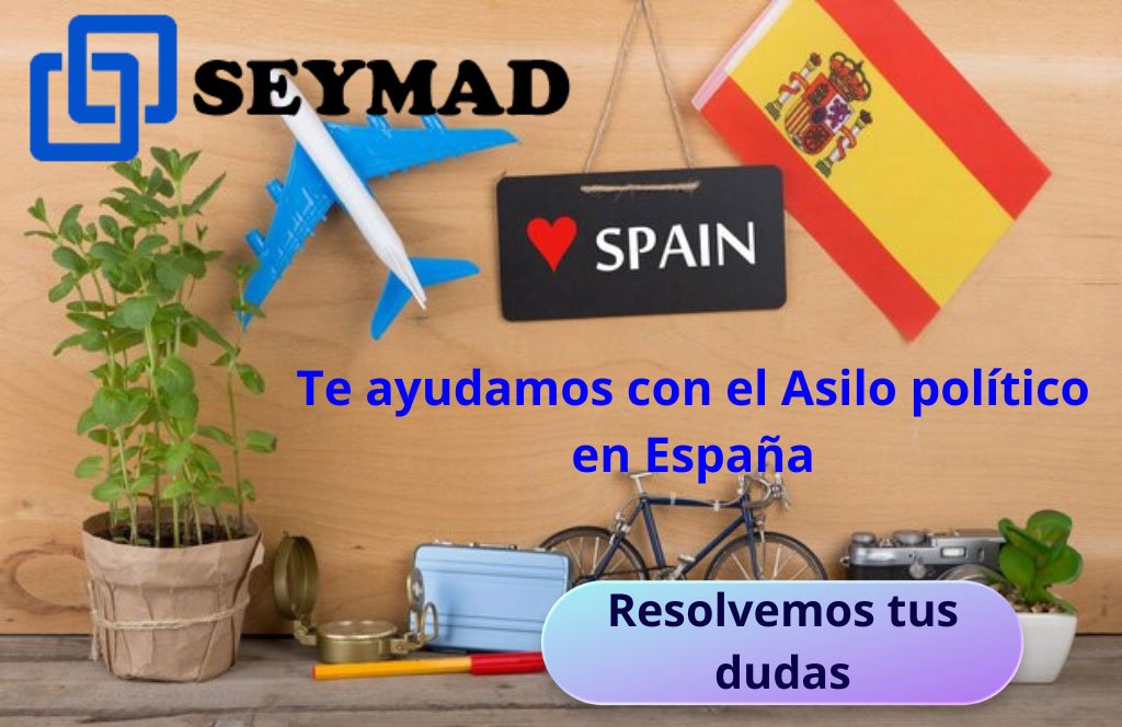 Elementos culturales y bandera de España con enlace a Seymad para asistencia en solicitud de asilo político